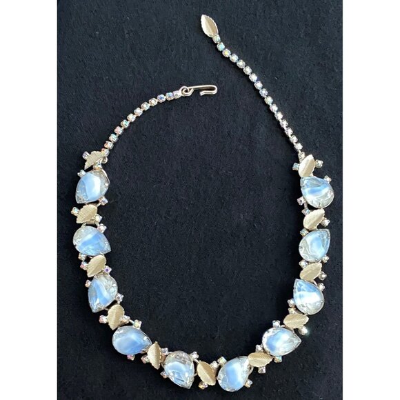 HOBE Necklace, Faceted Ice Moonstone Teardrops,Rhinestone’s. Stunning. VTG
